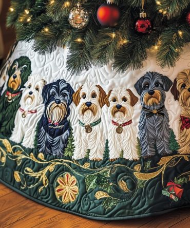 Handmade Schnauzer Christmas Tree Skirt - Five Dog Silhouettes On Evergreen Background, Custom Holiday Tree Skirt, Made-To-Order