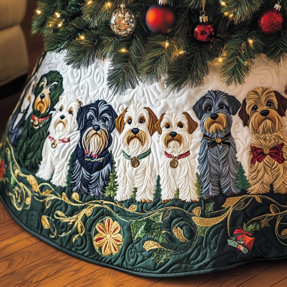 Handmade Schnauzer Christmas Tree Skirt - Five Dog Silhouettes On Evergreen Background, Custom Holiday Tree Skirt, Made-To-Order