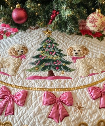 Custom Pink Bow Poodle Christmas Tree Skirt - Handcrafted Holiday Tree Skirt Featuring Poodle Silhouettes And Ribbon Accents