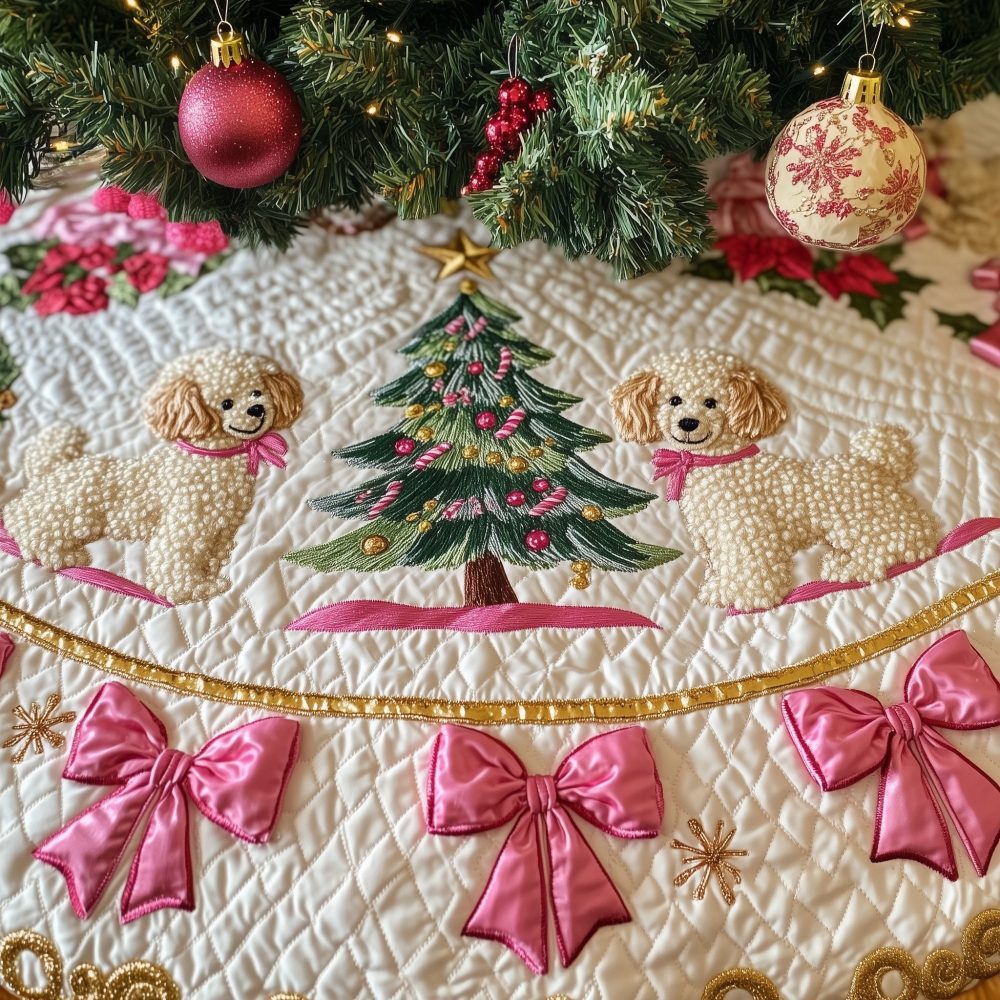 Custom Pink Bow Poodle Christmas Tree Skirt - Handcrafted Holiday Tree Skirt Featuring Poodle Silhouettes And Ribbon Accents