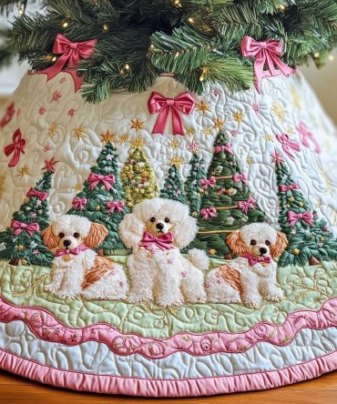 Handmade Bichon Frise Trio Christmas Tree Skirt - Pink Pines Holiday Tree Skirt With Cute Dog Portraits, Custom Fit