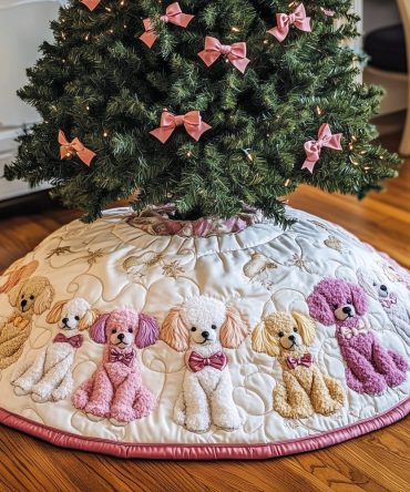 Handmade Pastel Poodle Christmas Tree Skirt - White Holiday Tree Skirt With Pink Poodles, Custom Sizes & Personalization