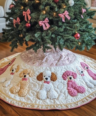 Pink Poodle Parade Christmas Tree Skirt — Custom Handmade Pink Poodle Holiday Skirt, Fun & Feminine Tree Base Décor