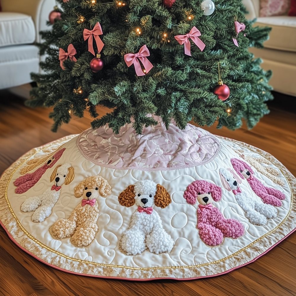 Pink Poodle Parade Christmas Tree Skirt — Custom Handmade Pink Poodle Holiday Skirt, Fun & Feminine Tree Base Décor