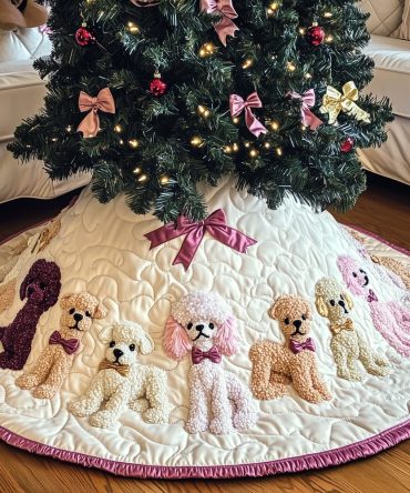 Plum Ruffle Poodle Tree Skirt — Elegant Poodle Christmas Skirt With Plum Ruffle Trim, Custom-Made Holiday Pet Décor