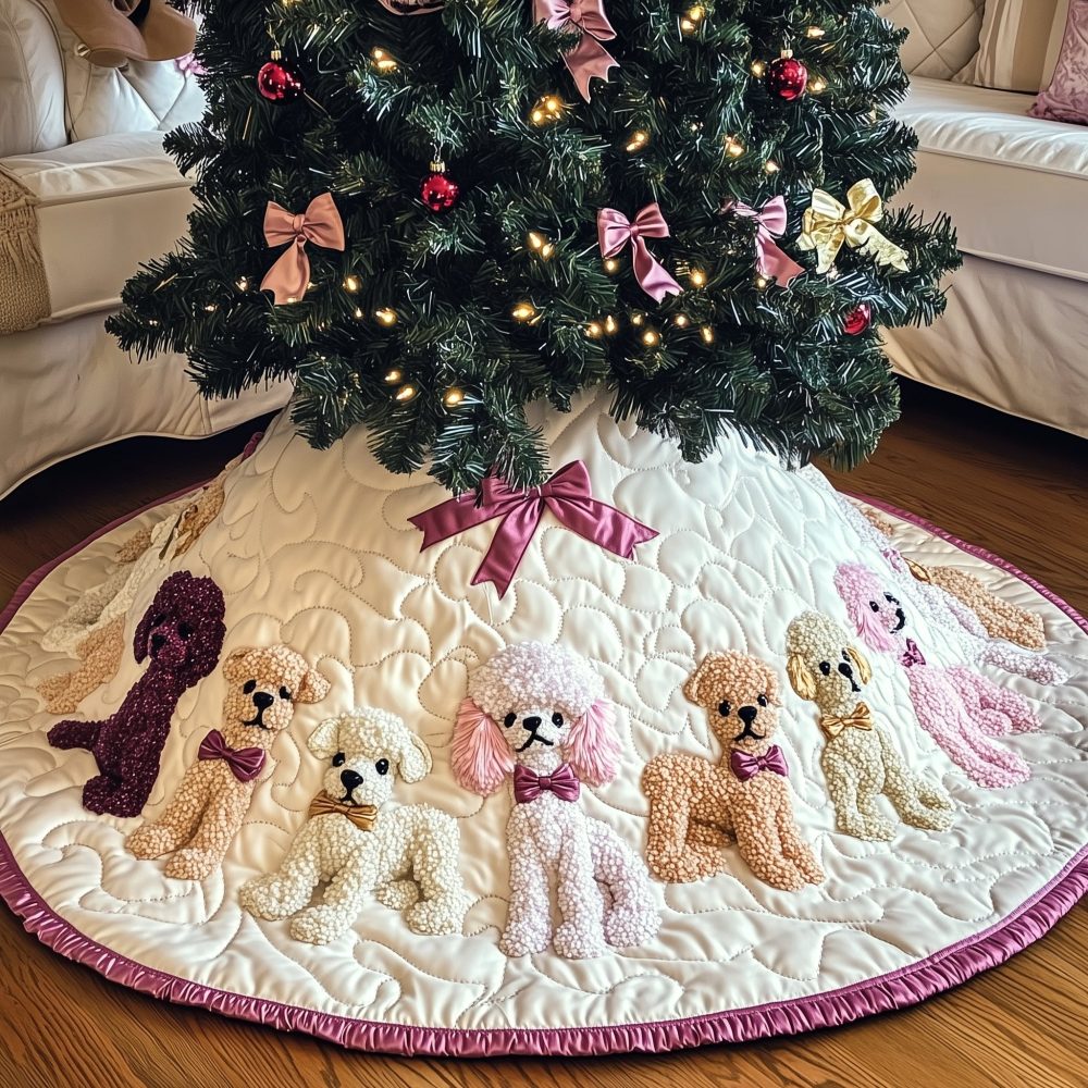 Plum Ruffle Poodle Tree Skirt — Elegant Poodle Christmas Skirt With Plum Ruffle Trim, Custom-Made Holiday Pet Décor