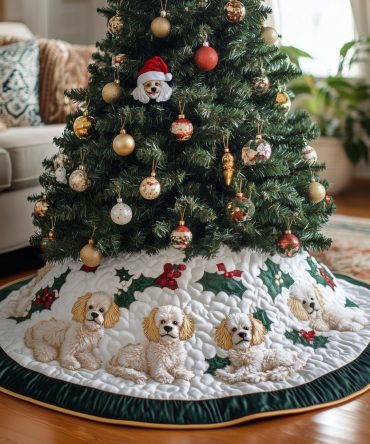 Holly Ring Poodle Christmas Tree Skirt — Handmade Festive Poodle Skirt With Holly Wreath Motif, Custom Holiday Décor