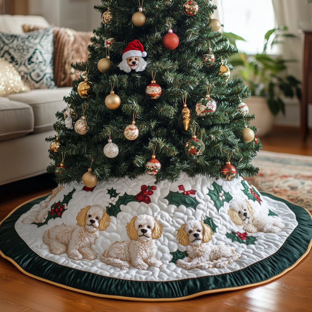 Holly Ring Poodle Christmas Tree Skirt — Handmade Festive Poodle Skirt With Holly Wreath Motif, Custom Holiday Décor