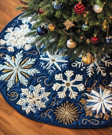 Sapphire & Gold Snowflake Tree Skirt — Festive Sapphire Tree Skirt With Gold Snowflakes, Custom-Made Holiday Centerpiece