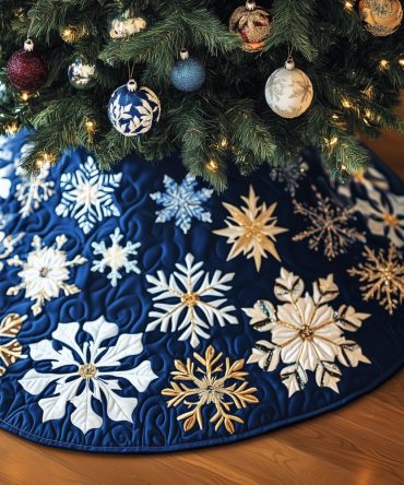 Navy Tree Skirt With Gilded Snowflakes — Luxurious Handcrafted Christmas Tree Skirt, Gold Accent Holiday Décor, Custom Sizes