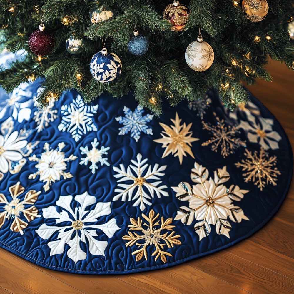 Navy Tree Skirt With Gilded Snowflakes — Luxurious Handcrafted Christmas Tree Skirt, Gold Accent Holiday Décor, Custom Sizes