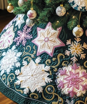 Pine Green Tree Skirt With Pink Star Snowflakes — Custom Handmade Festive Tree Skirt, Playful Holiday Decor In Pink & Green