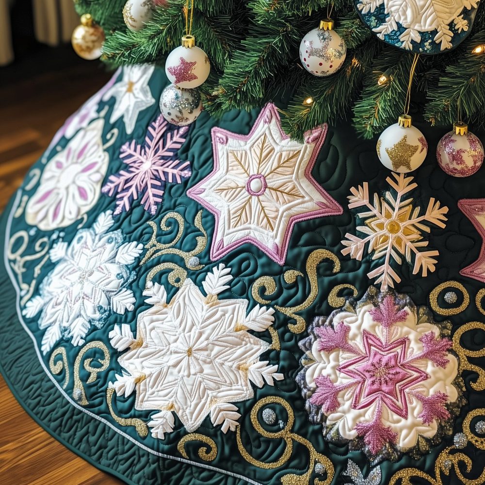 Pine Green Tree Skirt With Pink Star Snowflakes — Custom Handmade Festive Tree Skirt, Playful Holiday Decor In Pink & Green