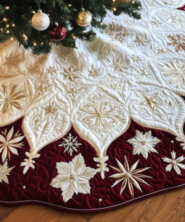 Wine Damask Snowflake Point Tree Skirt — Elegant Damask & Snowflake Holiday Tree Skirt, Custom Handmade Christmas Decor
