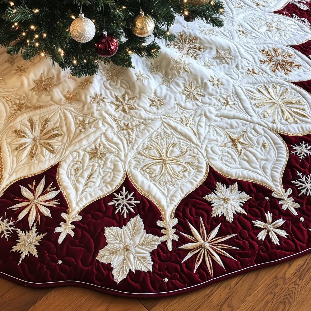Wine Damask Snowflake Point Tree Skirt — Elegant Damask & Snowflake Holiday Tree Skirt, Custom Handmade Christmas Decor