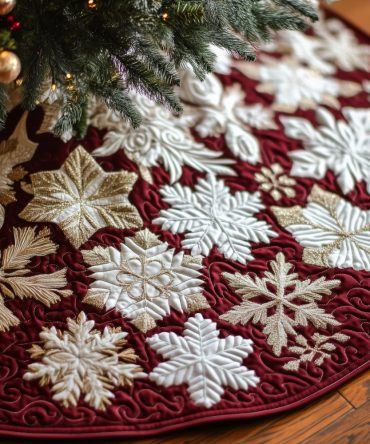 Crimson Tree Skirt With White Snowflake Drift — Custom Handmade Christmas Tree Skirt, Classic Holiday Accent