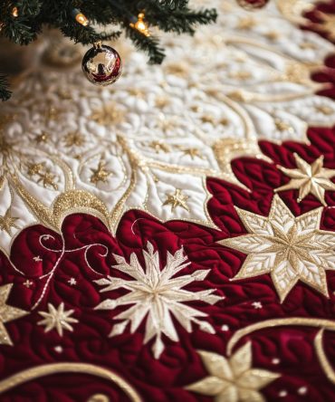 Burgundy Star & Snowflake Tree Skirt — Luxe Holiday Tree Skirt With Star Snowflake Pattern, Custom-Made Christmas Decor