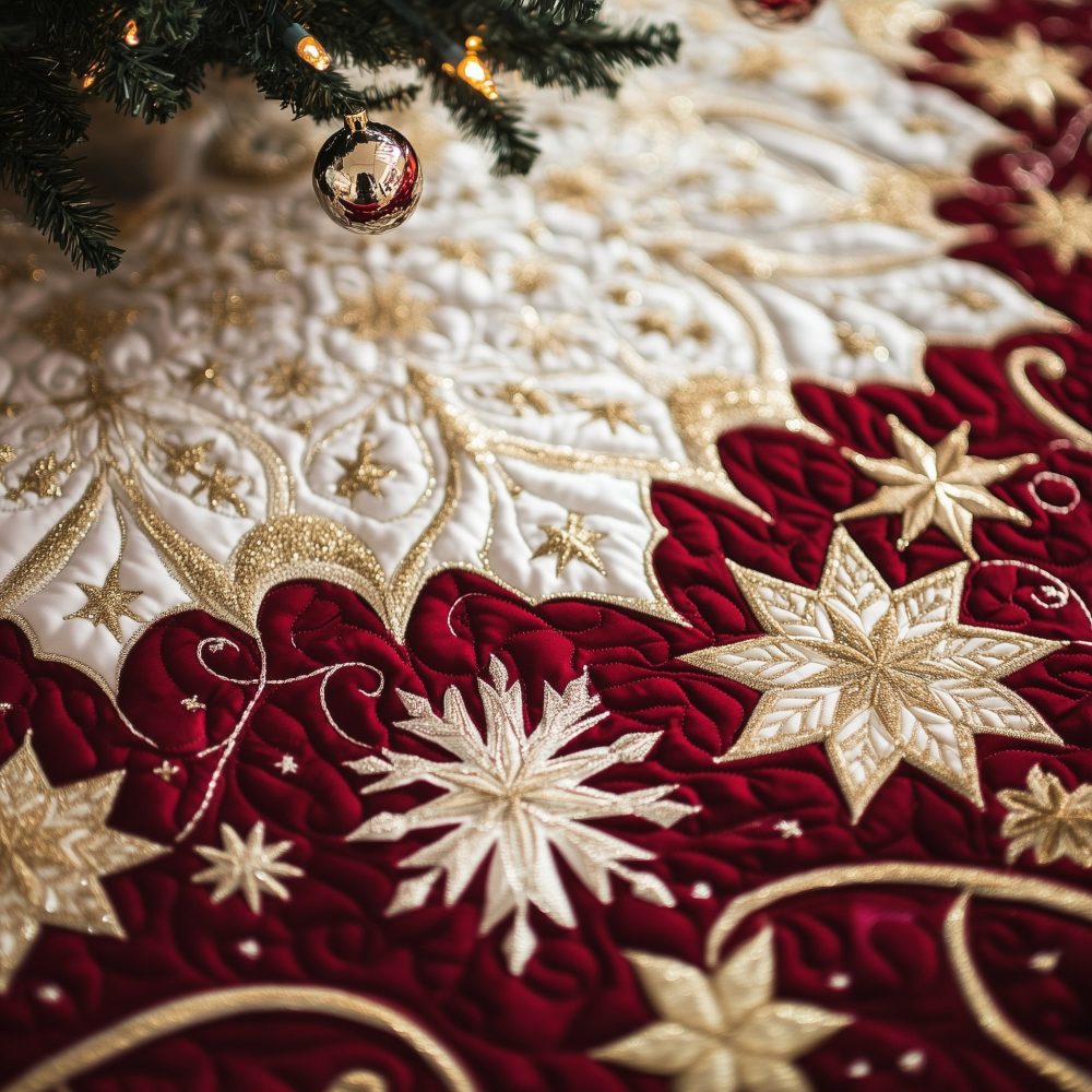 Burgundy Star & Snowflake Tree Skirt — Luxe Holiday Tree Skirt With Star Snowflake Pattern, Custom-Made Christmas Decor