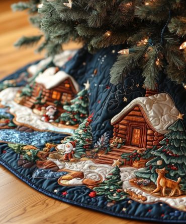 Snowy Cabin In Blue Woods Tree Skirt — Custom-Made Winter Woodland Christmas Skirt, Handcrafted Holiday Floor Covering