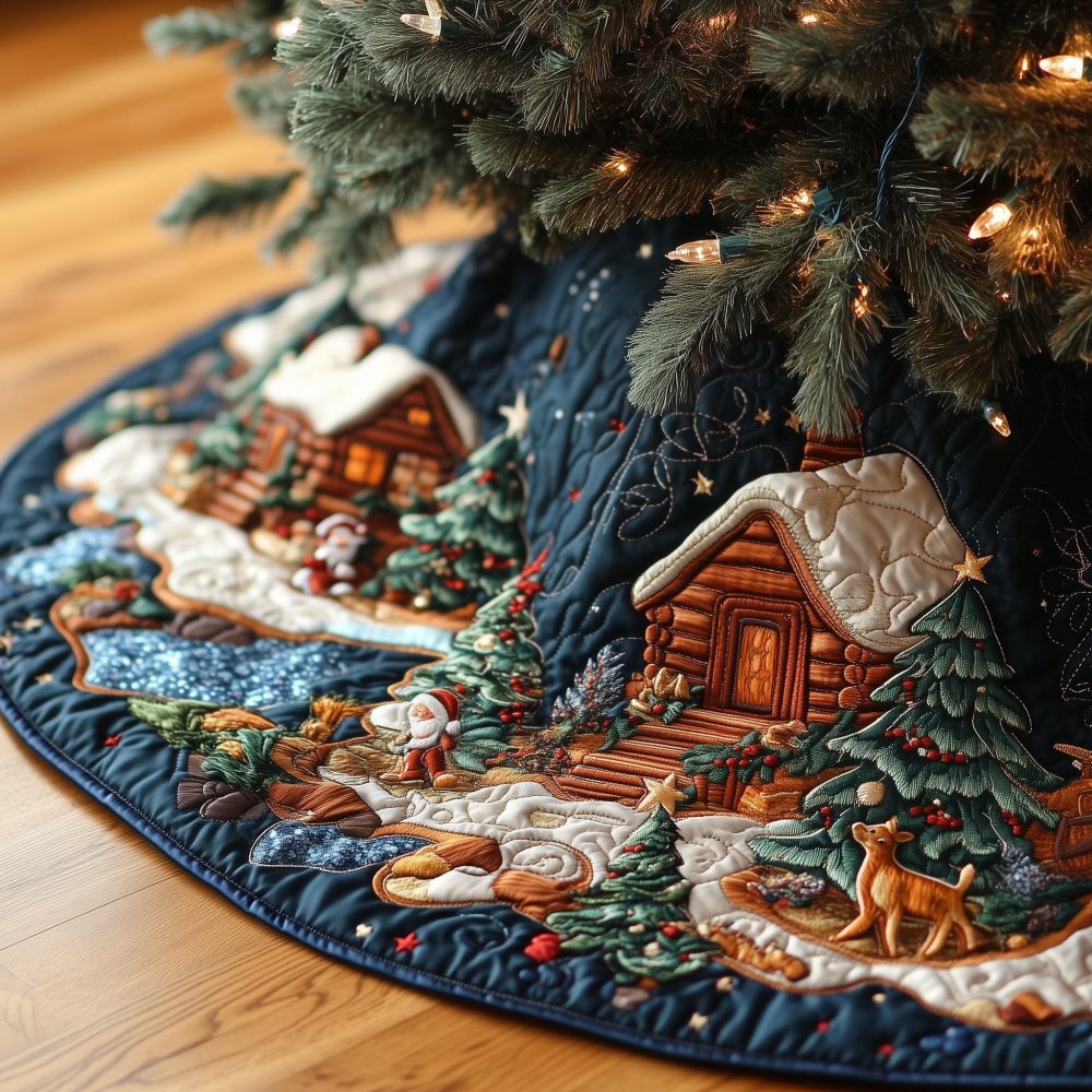 Snowy Cabin In Blue Woods Tree Skirt — Custom-Made Winter Woodland Christmas Skirt, Handcrafted Holiday Floor Covering