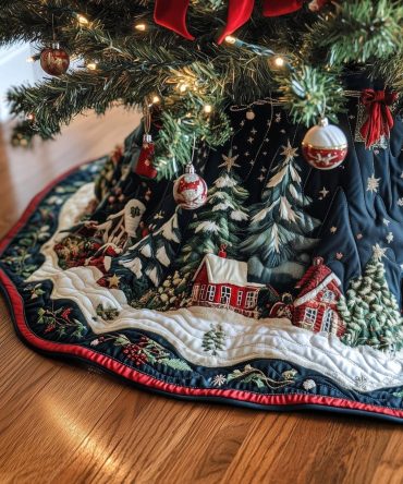Scalloped Edge Village Christmas Tree Skirt — Elegant Handmade Holiday Tree Skirt With Charming Village Motif, Custom Sizes