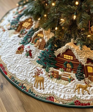 Custom Log Cabin Winter Village Tree Skirt — Handmade Cozy Christmas Tree Skirt, Rustic Holiday Home Décor, Made-To-Order