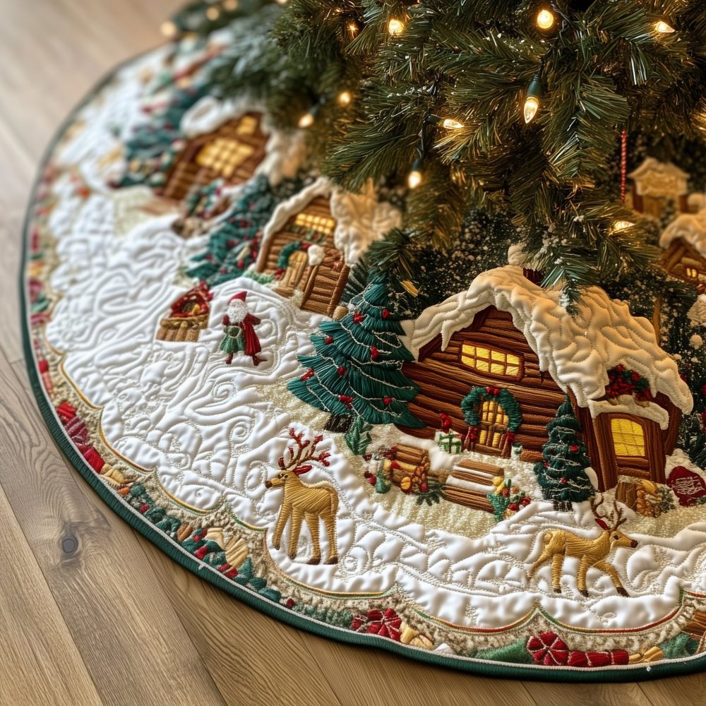 Custom Log Cabin Winter Village Tree Skirt — Handmade Cozy Christmas Tree Skirt, Rustic Holiday Home Décor, Made-To-Order