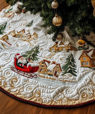 Handcrafted Santa Sleigh Holiday Tree Skirt — Custom-Made Christmas Tree Skirt With Village Scene, Festive Luxury Décor