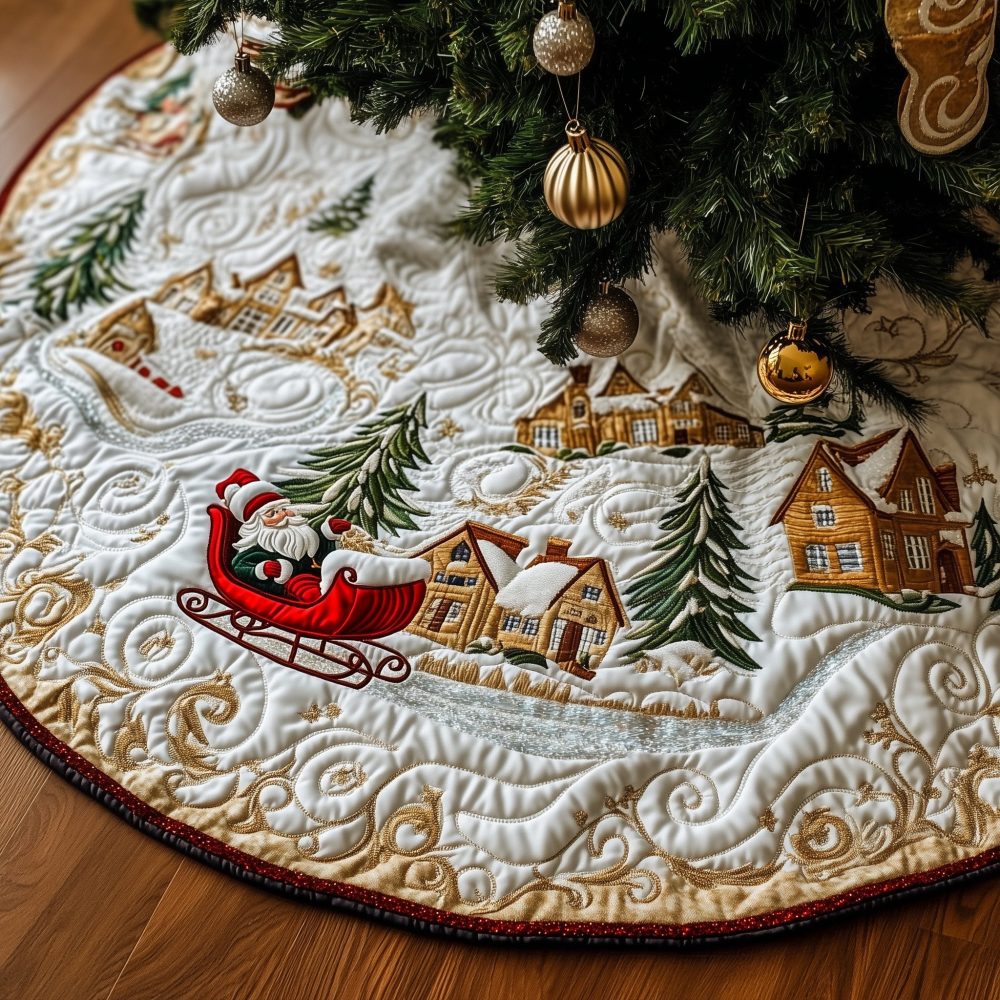 Handcrafted Santa Sleigh Holiday Tree Skirt — Custom-Made Christmas Tree Skirt With Village Scene, Festive Luxury Décor