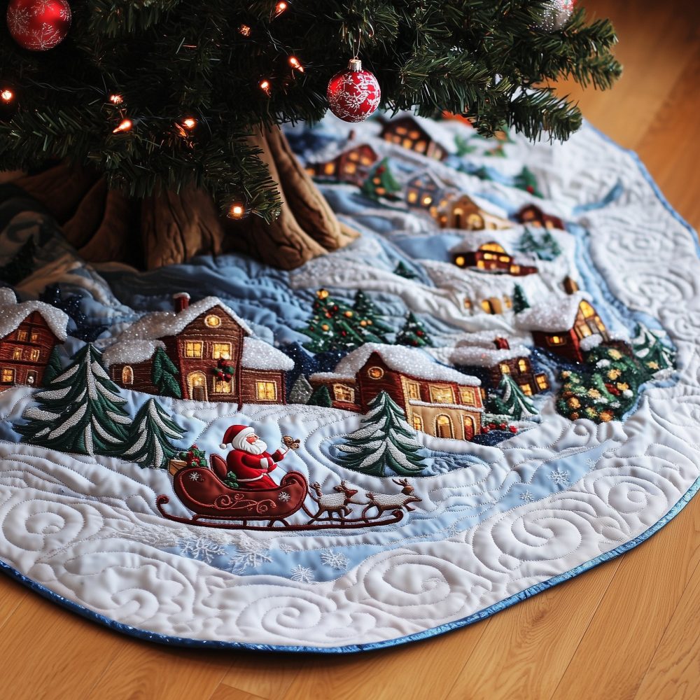 Vintage Sleigh Ride Homestead Christmas Tree Skirt - Scenic Holiday Decor, Handmade Custom Tree Skirt For Rustic Farmhouse