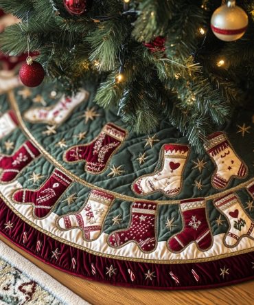Knitted Stocking Ring Holiday Tree Skirt - Cozy Handcrafted Christmas Skirt With Vintage Knit Motif, Custom Size Available