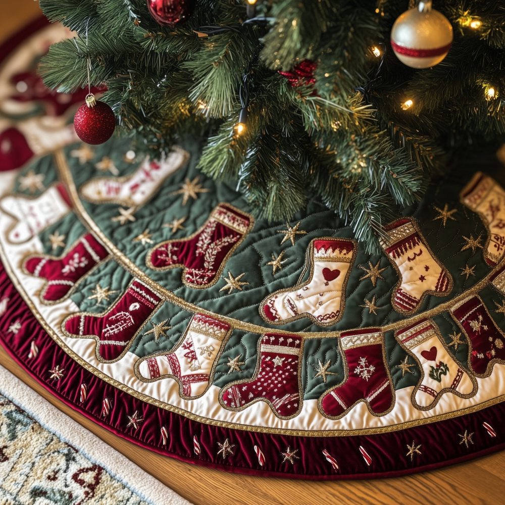 Knitted Stocking Ring Holiday Tree Skirt - Cozy Handcrafted Christmas Skirt With Vintage Knit Motif, Custom Size Available
