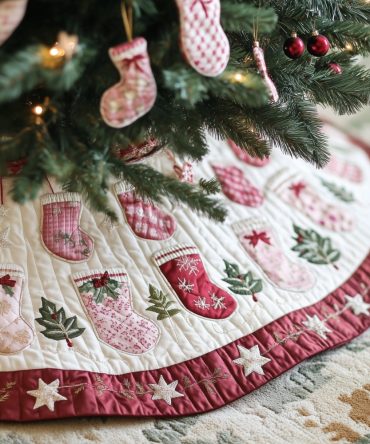 Cream Rose Stockings Christmas Tree Skirt - Elegant Floral Holiday Skirt, Handmade Custom Tree Skirt For Classic Decor