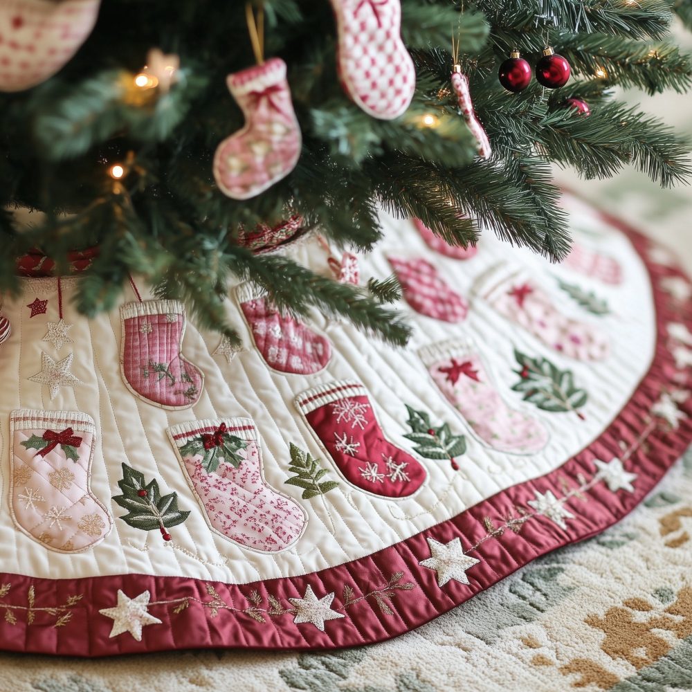 Cream Rose Stockings Christmas Tree Skirt - Elegant Floral Holiday Skirt, Handmade Custom Tree Skirt For Classic Decor