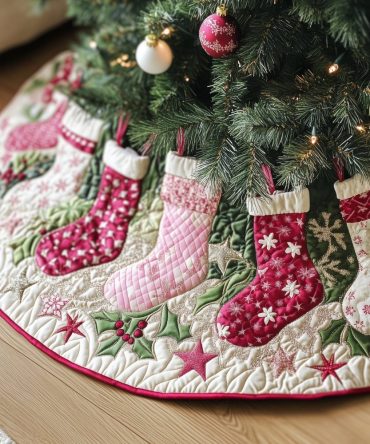 Festive Berry Stockings & Star Holiday Tree Skirt - Cozy Christmas Tree Skirt With Classic Stocking Pattern, Handmade Custom