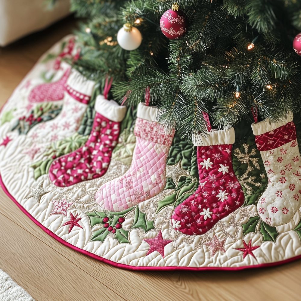 Festive Berry Stockings & Star Holiday Tree Skirt - Cozy Christmas Tree Skirt With Classic Stocking Pattern, Handmade Custom