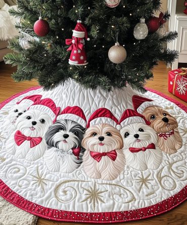 Shih Tzu Puppies With Red Bows Christmas Tree Skirt - Charming Pet-Themed Holiday Skirt, Custom Handmade For Dog Parents