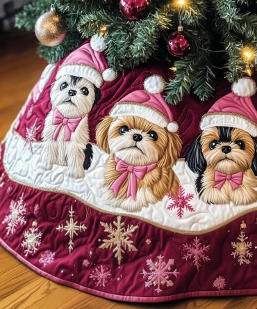Adorable Shih Tzu Pink Santa Hat Christmas Tree Skirt - Cute Custom Pet Lover Holiday Tree Skirt, Handmade Gift-Ready