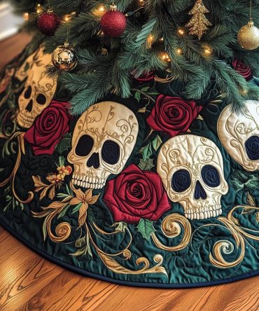 Teal Christmas Tree Skirt With Skulls & Red Roses - Bold Gothic Holiday Decor, Handmade Custom Tree Skirt For Home