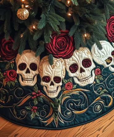 Sugar Skull & Rose Garland Christmas Tree Skirt - Colorful Day Of The Dead Holiday Skirt, Handcrafted, Custom Sizing