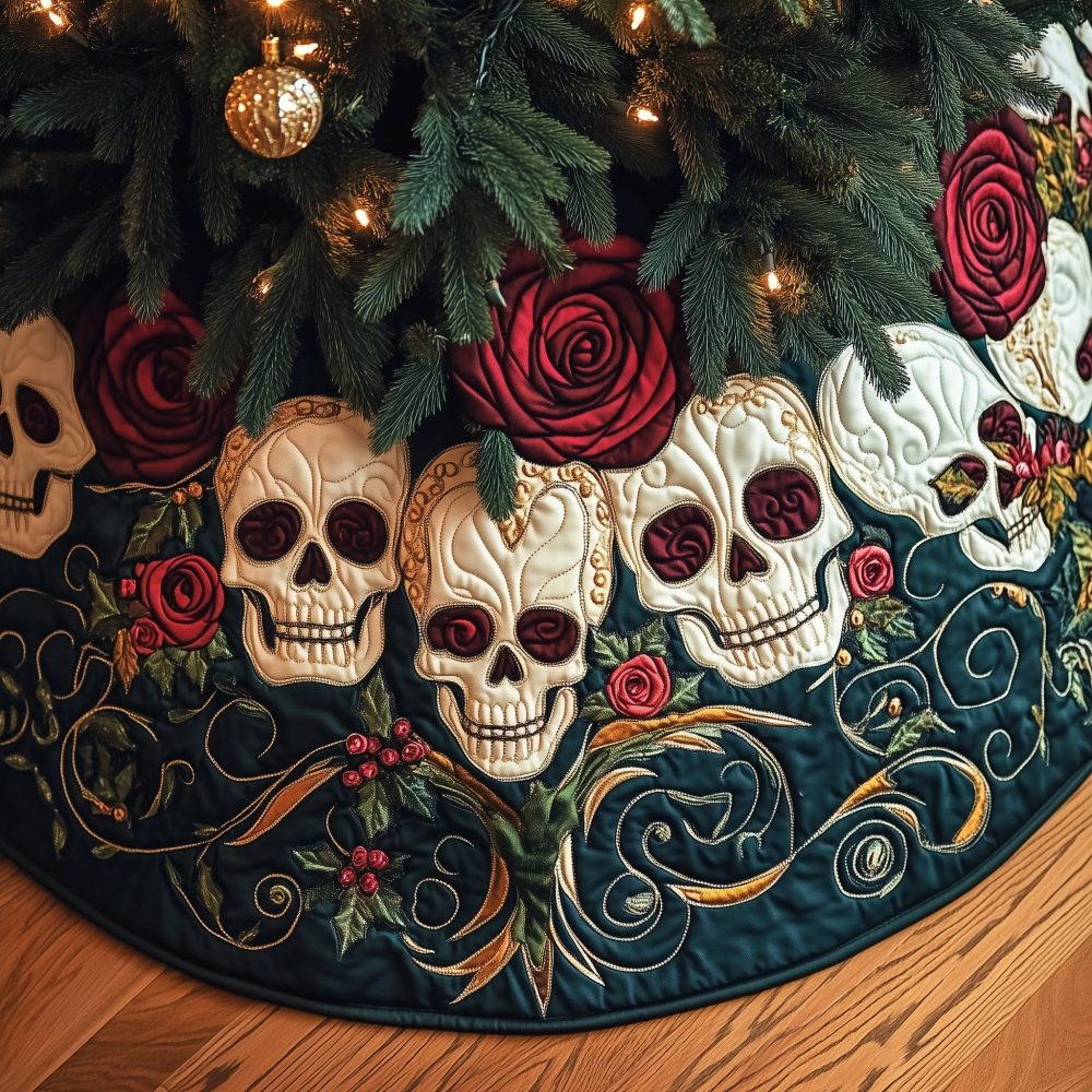 Sugar Skull & Rose Garland Christmas Tree Skirt - Colorful Day Of The Dead Holiday Skirt, Handcrafted, Custom Sizing
