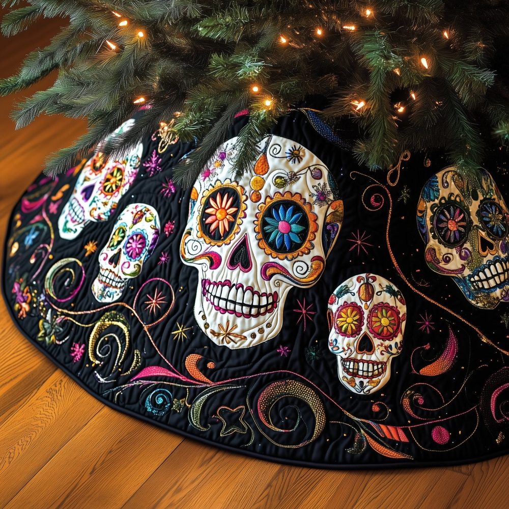 Day Of The Dead Sugar Skull Christmas Tree Skirt - Mexican Skull Holiday Mat, Vibrant Calavera Design, Made To Order
