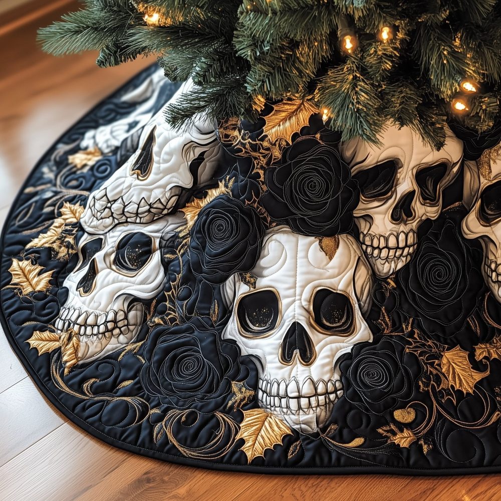 Black Rose Bed With Skulls Holiday Tree Skirt - Gothic Floral Christmas Skirt, Handmade Custom Holiday Home Accent