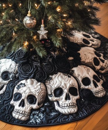 Ivory Skull & Onyx Rose Luxury Christmas Tree Skirt - Handmade Gothic Holiday Skirt, Premium Fabric, Custom Fit