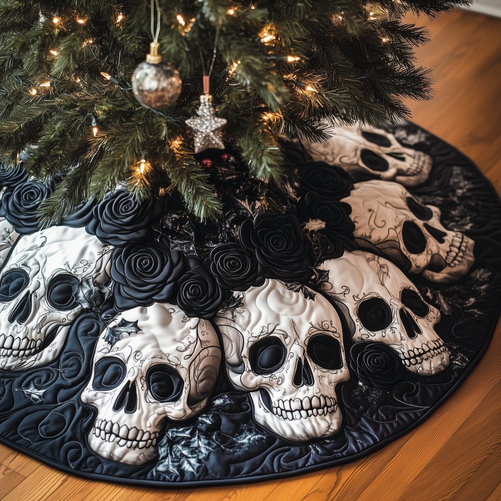 Ivory Skull & Onyx Rose Luxury Christmas Tree Skirt - Handmade Gothic Holiday Skirt, Premium Fabric, Custom Fit