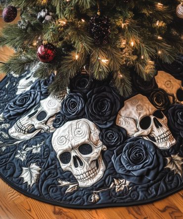 Black Ivy Skull Trio Holiday Tree Skirt - Dark Romantic Christmas Tree Skirt, Handmade Custom Holiday Decor