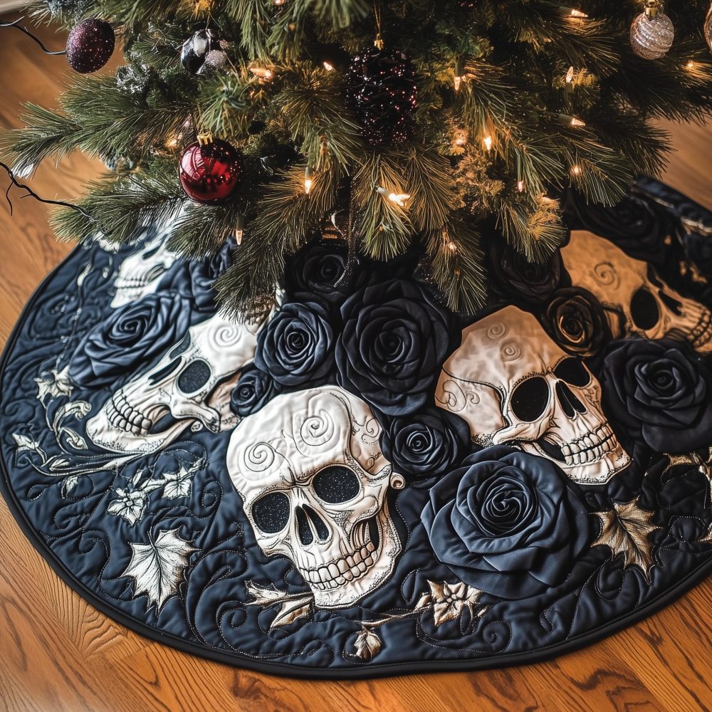 Black Ivy Skull Trio Holiday Tree Skirt - Dark Romantic Christmas Tree Skirt, Handmade Custom Holiday Decor