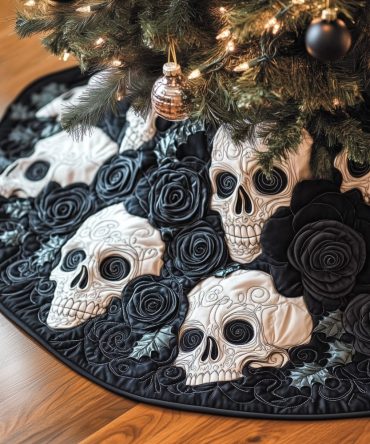 Charcoal Skulls & Rose Holiday Tree Skirt - Elegant Gothic Christmas Tree Skirt, Handmade Custom Size Options