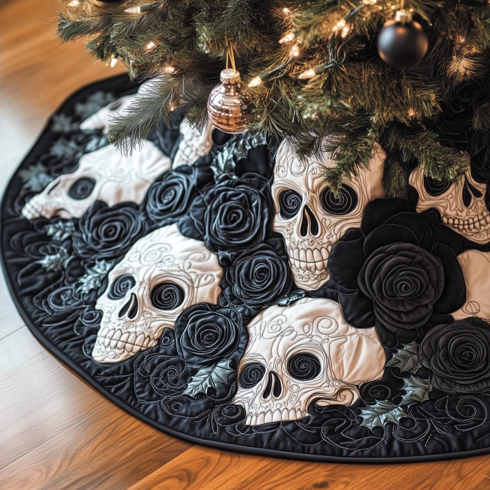 Charcoal Skulls & Rose Holiday Tree Skirt - Elegant Gothic Christmas Tree Skirt, Handmade Custom Size Options