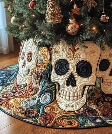 Vibrant Swirl Painted Skull Holiday Tree Skirt - Custom Handcrafted Christmas Tree Skirt In Bold Multicolor Design